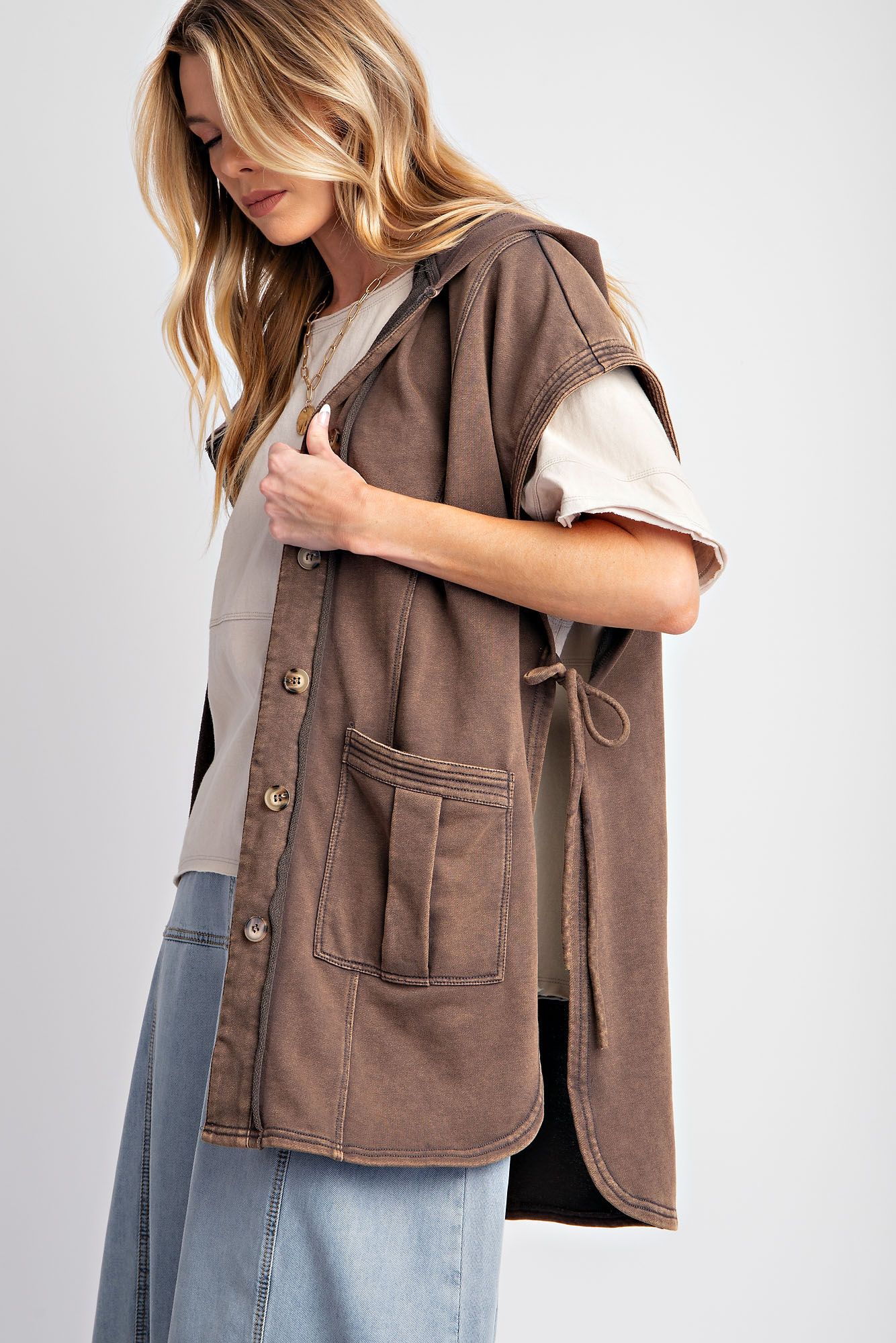 Button Down Mineral Washed Hooded Vest - Buttercup Lynne Boutique