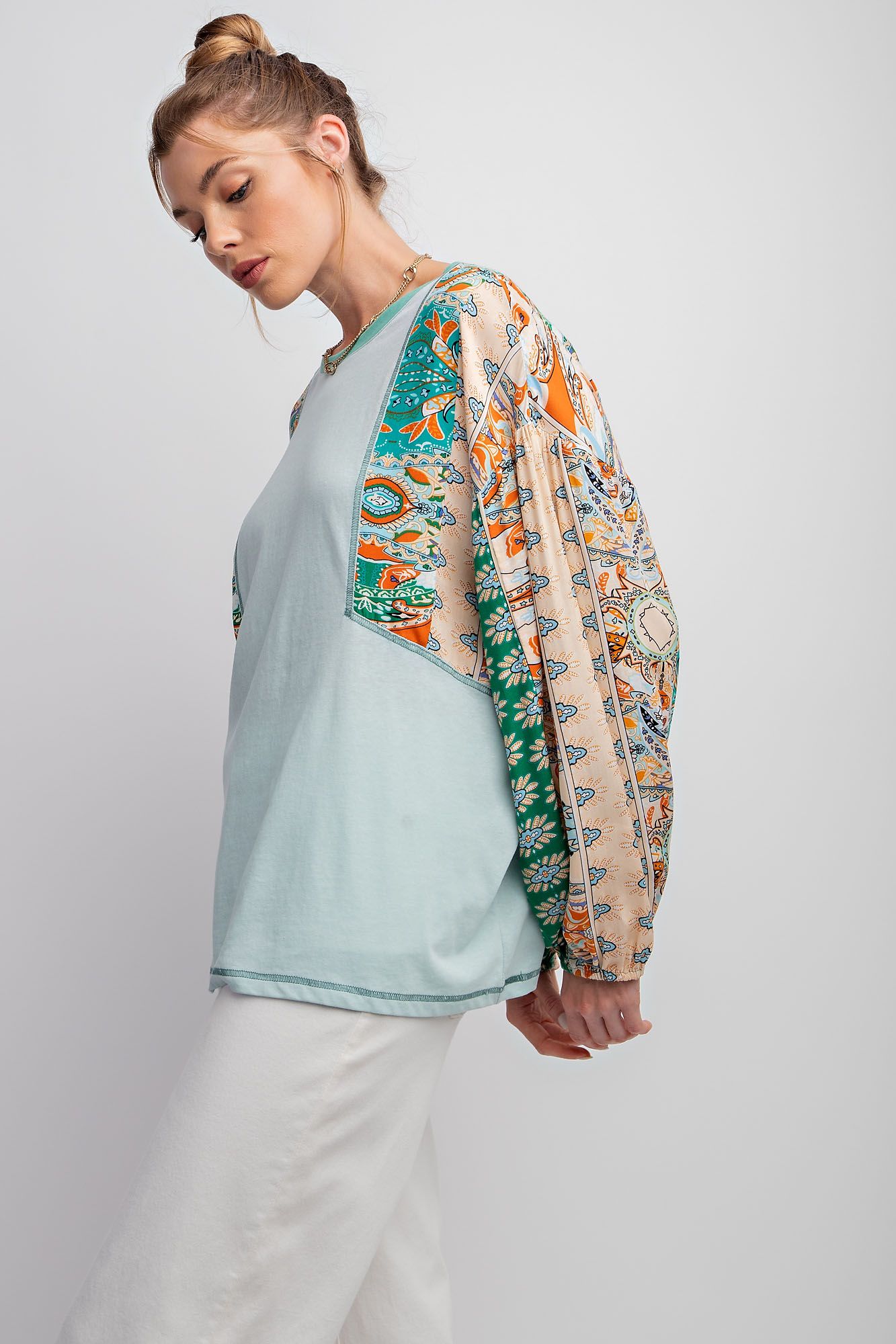 Sage Green Print Mixed with Cotton Slub Knit Top - Plus - Buttercup Lynne Boutique