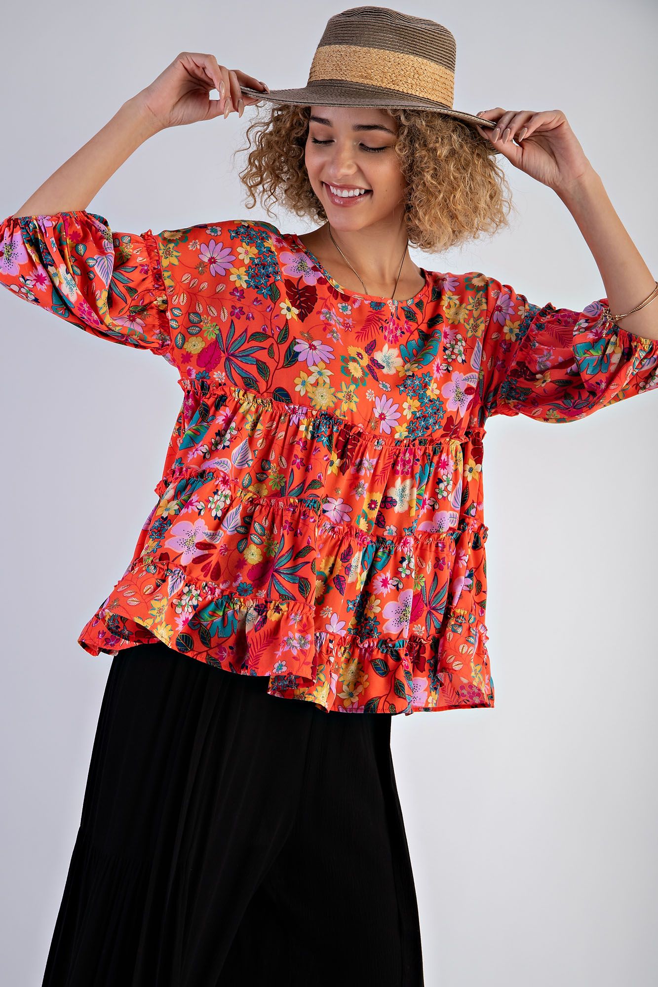 Tropical Coral Babydoll Top - Regular and Curvy - Buttercup Lynne Boutique