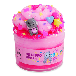 BB Hippo Bday slime in pink container with cute hippo charm and star decorations