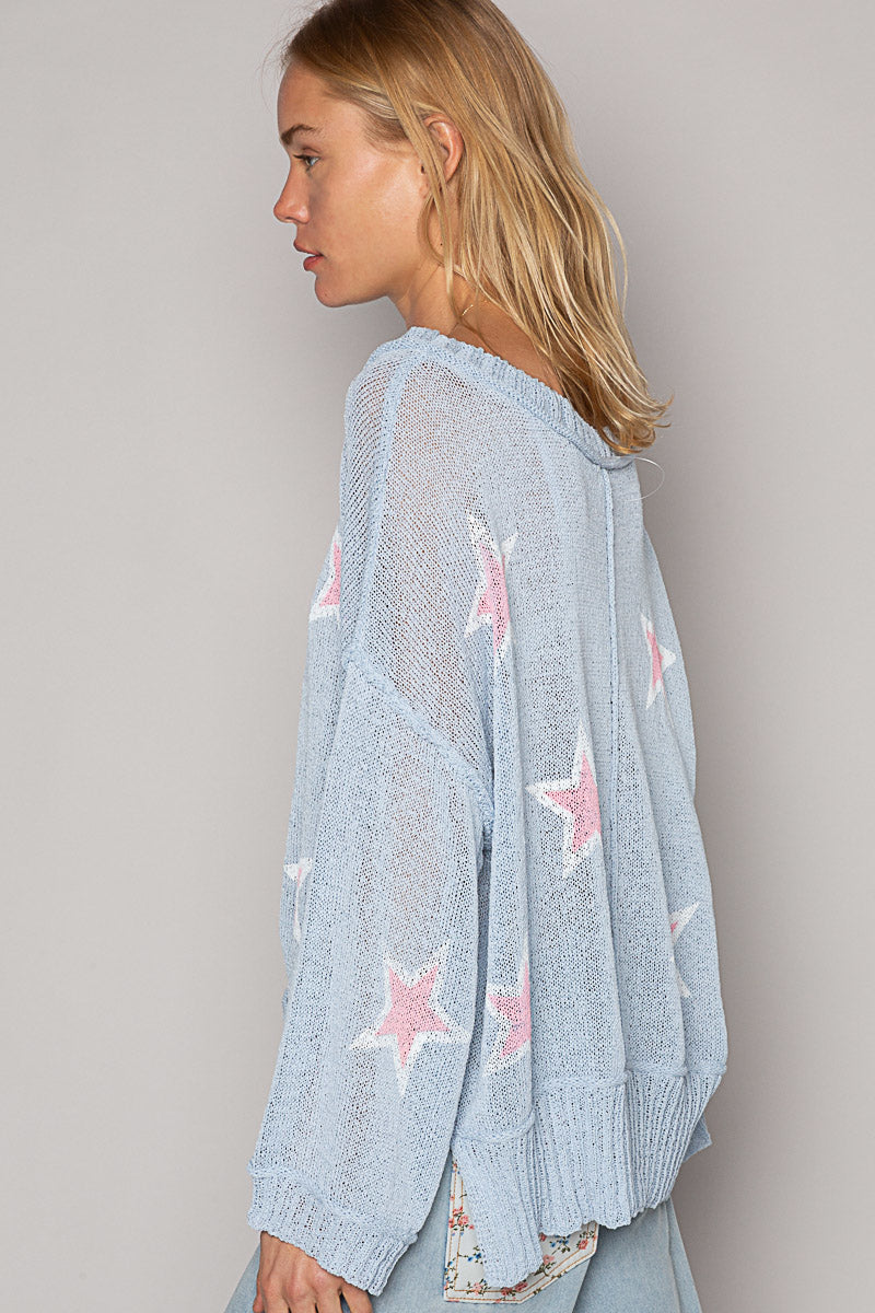 V-Neck Long Sleeve Light Weight Sweater - Sky Blue with Pink Stars