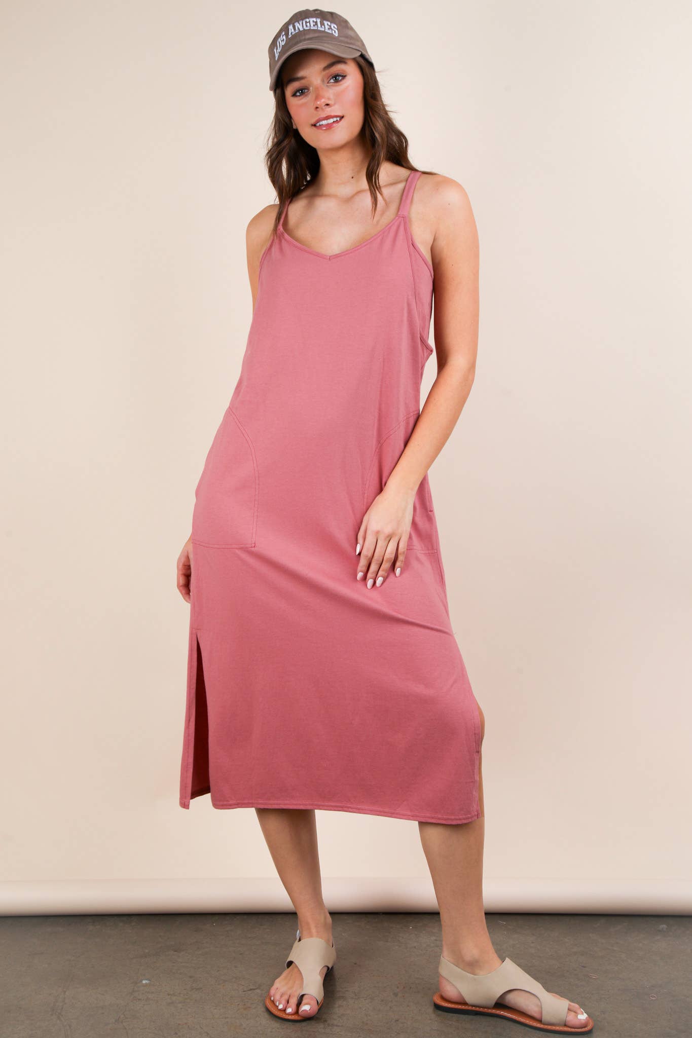 ND31605-V-Neck Sleeveless Casual Comfy Midi Dress - Buttercup Lynne Boutique