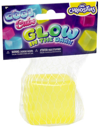 ORB Curiosities Cool Cube Glow in the Dark yellow cube toy in mesh packaging