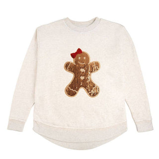 Oatmeal crewneck sweatshirt with sequin gingerbread girl patch and red bow