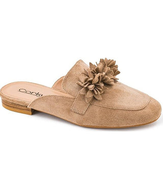 Corkys Just A Sip camel suede mule flat with floral rosette embellishment