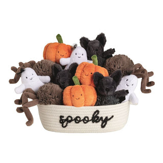 Mudpie Halloween plush set with pumpkins, ghosts, spiders, and black cats in spooky basket
