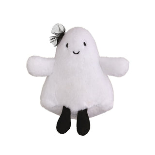 White plush ghost stuffed animal with black bow, legs, and embroidered smile