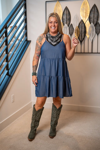 Hyfve Easy Days tiered denim blue mini dress with spaghetti straps and V-neckline