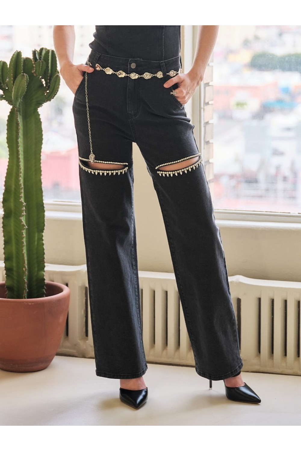 Shine Bright Cut Out Front Rhinestone Jeans