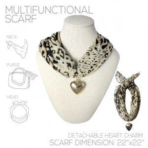 Leopard Print Scarf Necklace with Gold Puffer Heart Pendant