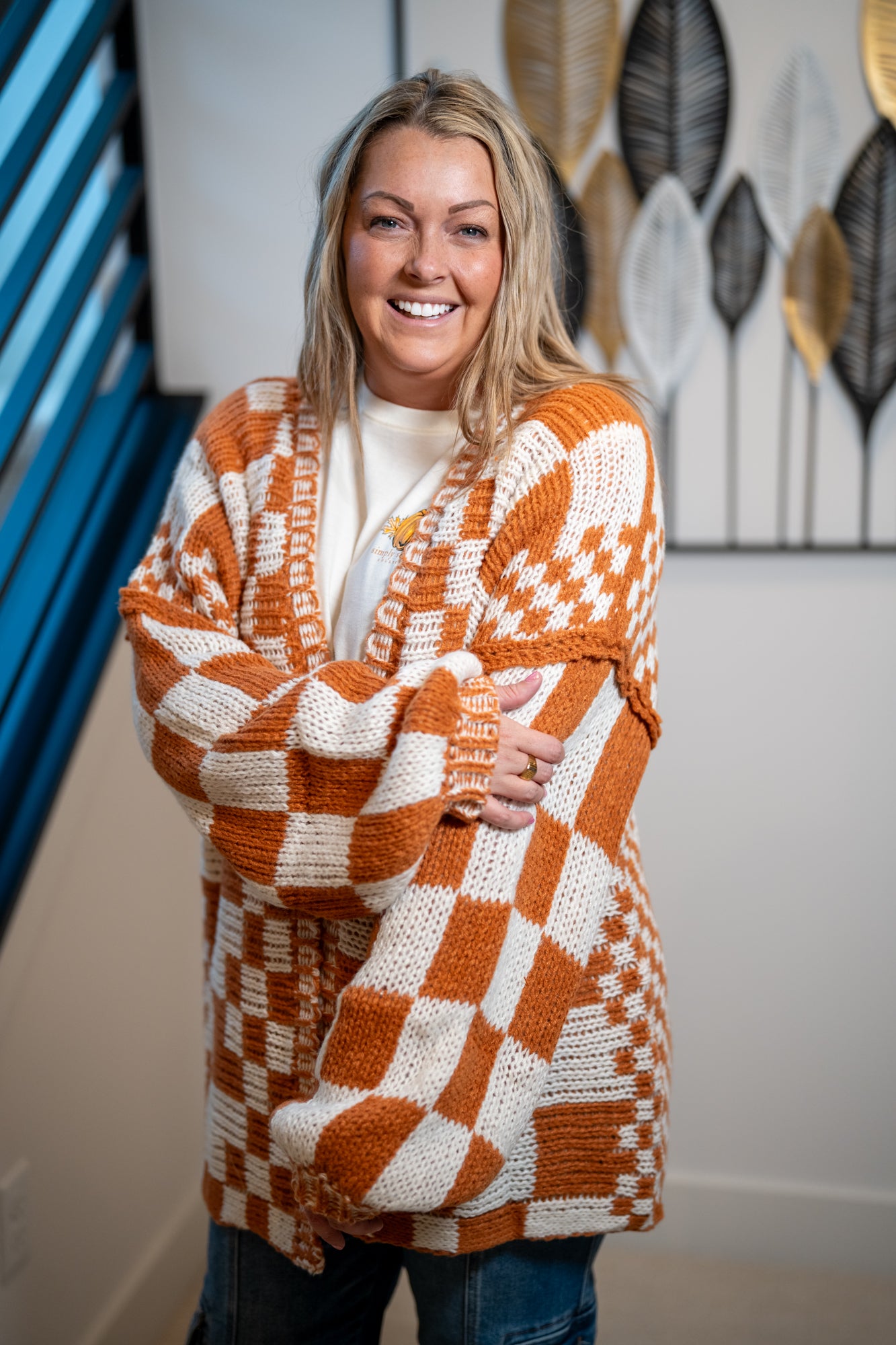 BiBi Checkmate Chunky Cardigan — Rust & Cream - Buttercup Lynne Boutique