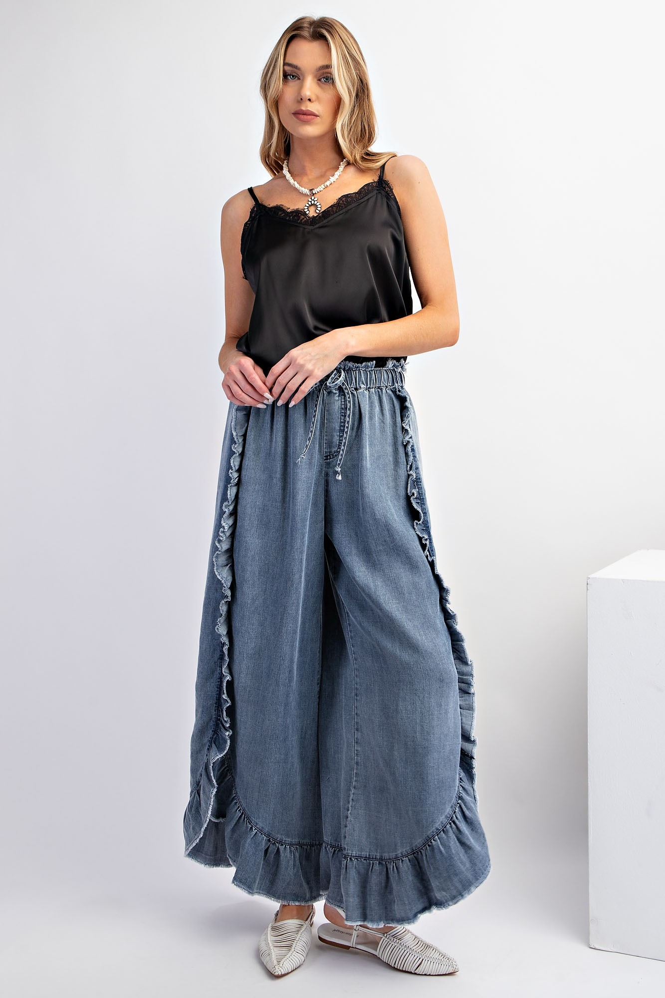 Go With It Wide Leg Ruffle Pants