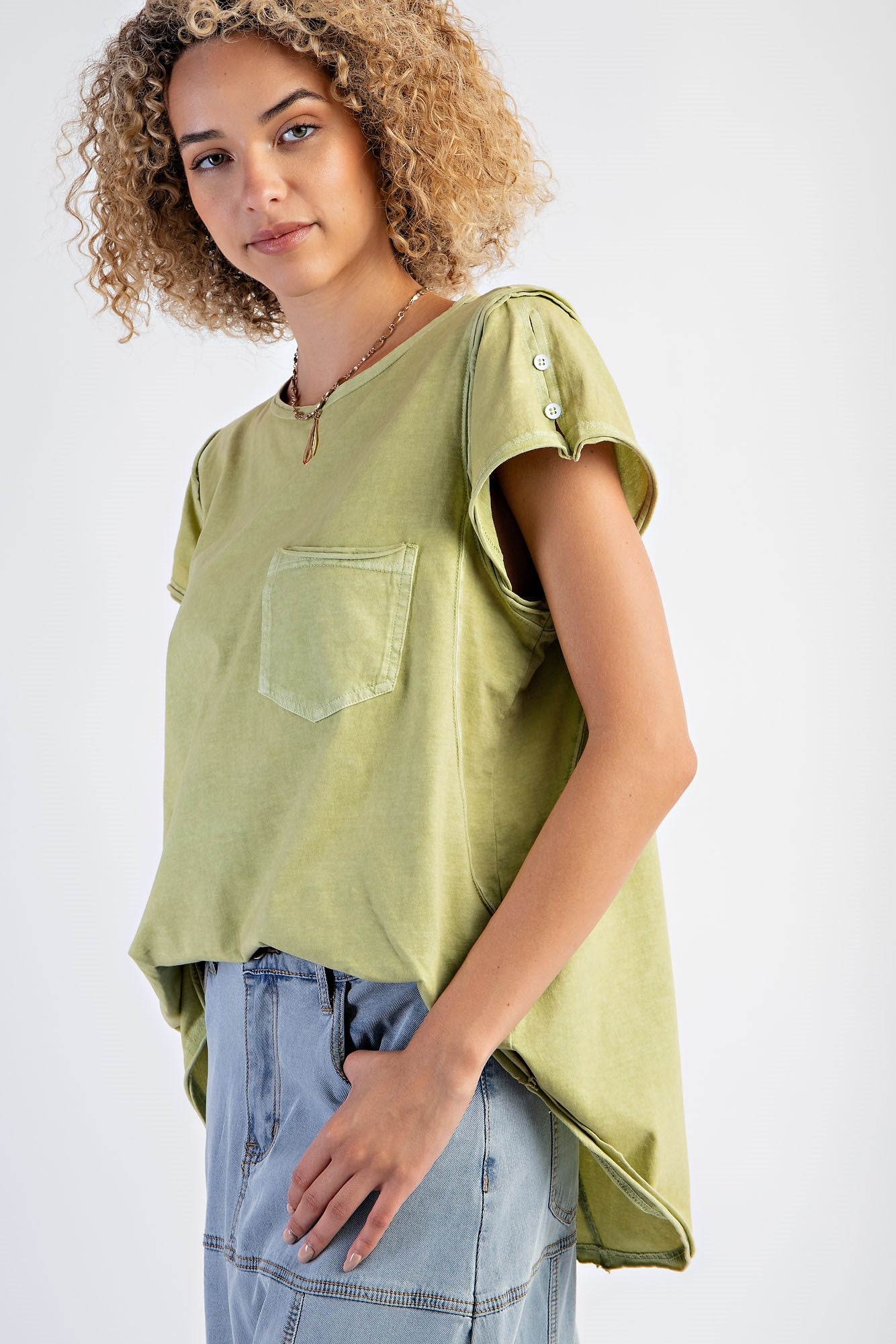 Mineral Washed Cotton Jersey Cap Sleeve Top in Green Tea