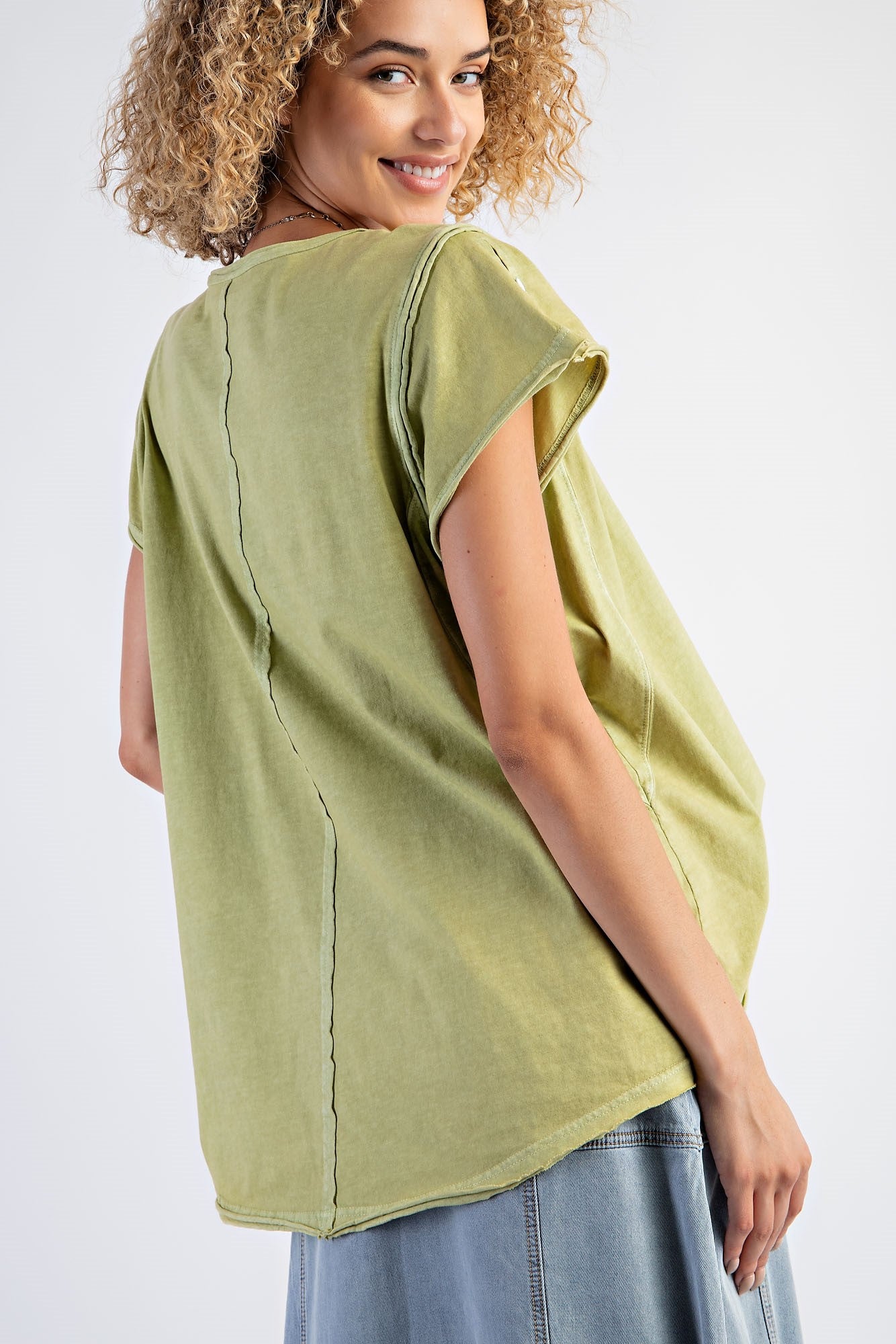 Mineral Washed Cotton Jersey Cap Sleeve Top in Green Tea