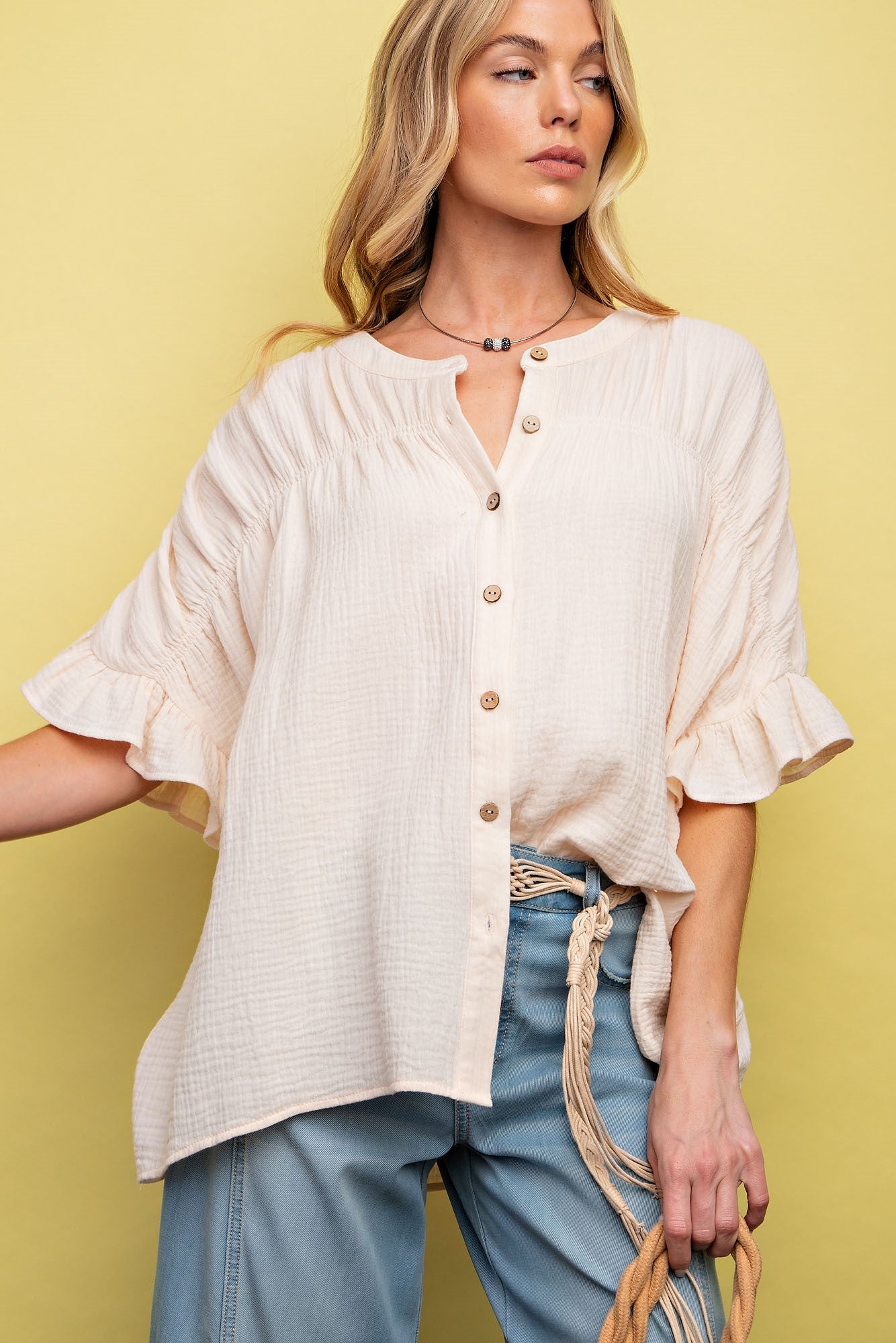 Cotton Gauze Top with Wing Sleeves in Ivory