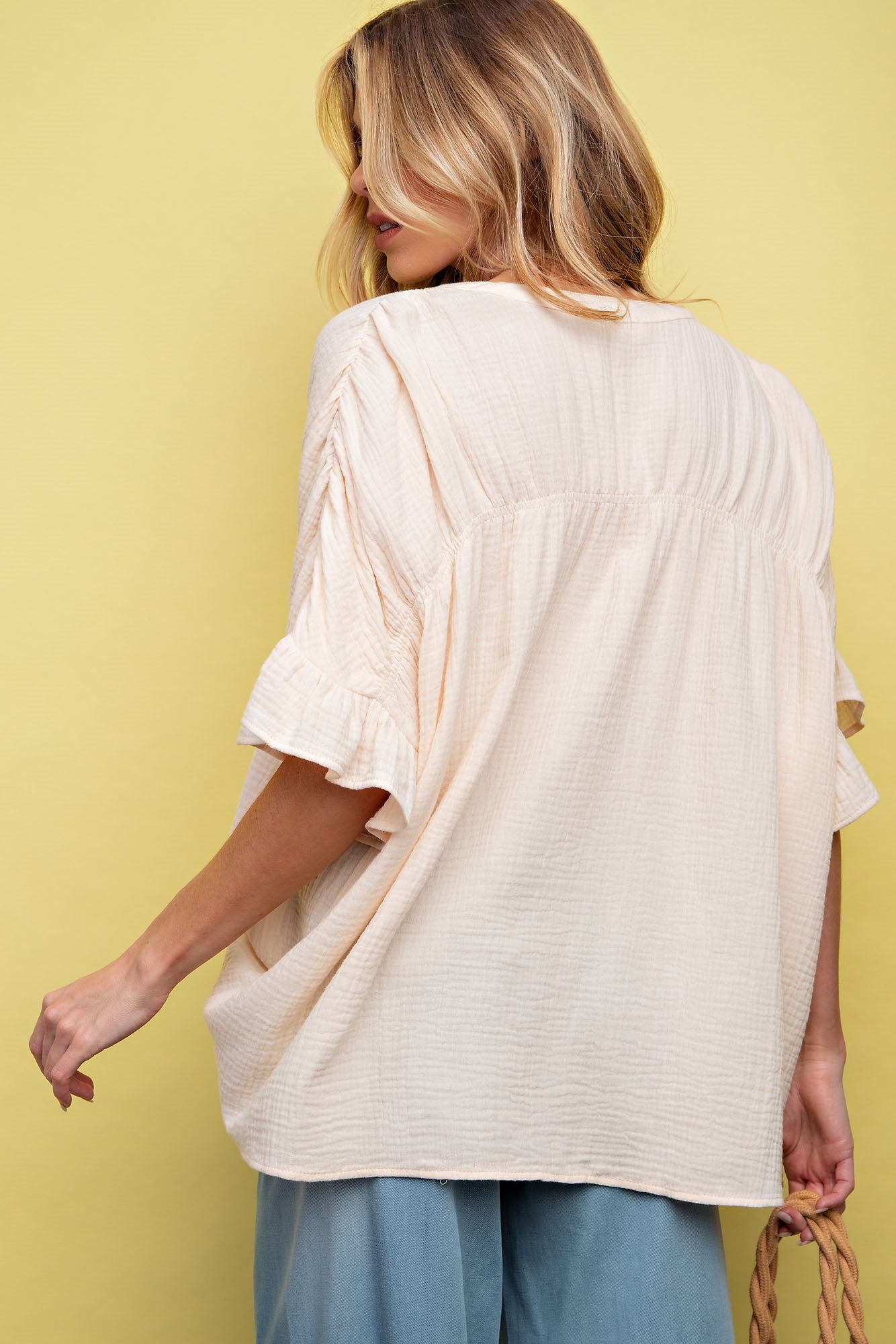 Cotton Gauze Top with Wing Sleeves in Ivory