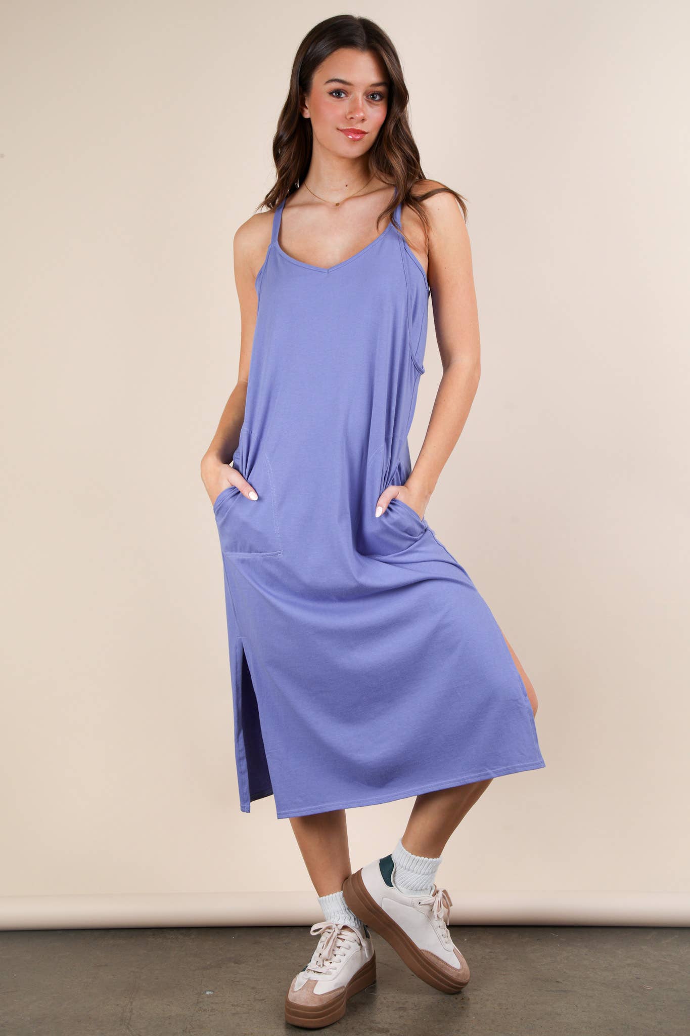 ND31605-V-Neck Sleeveless Casual Comfy Midi Dress - Buttercup Lynne Boutique