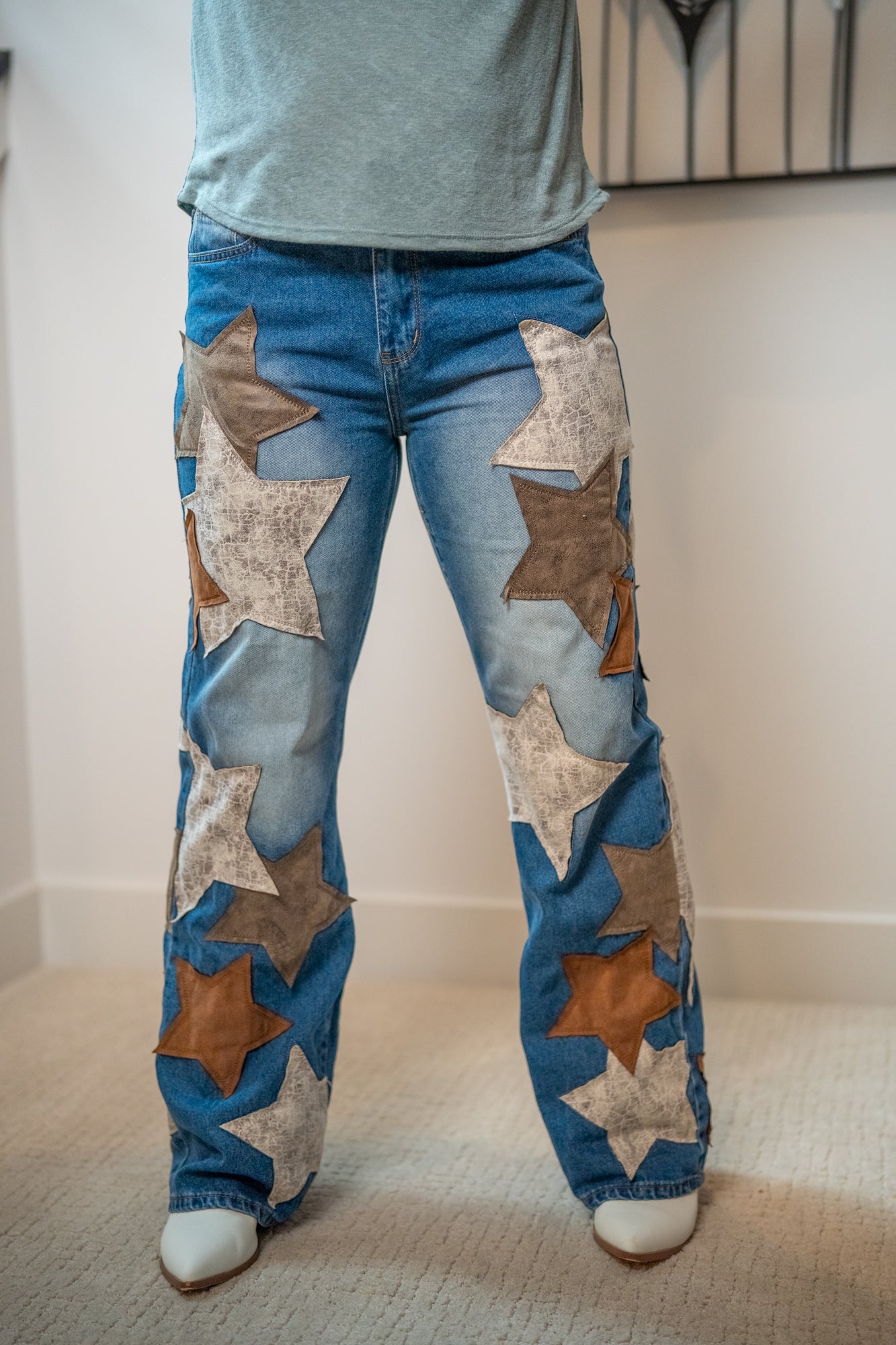 Oli & Hali Washed Leather Star Patched Jeans - Buttercup Lynne Boutique