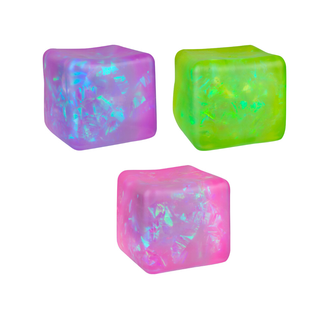 Three iridescent shimmer cube toys in purple, green, and pink by Orb Sugar Swaps