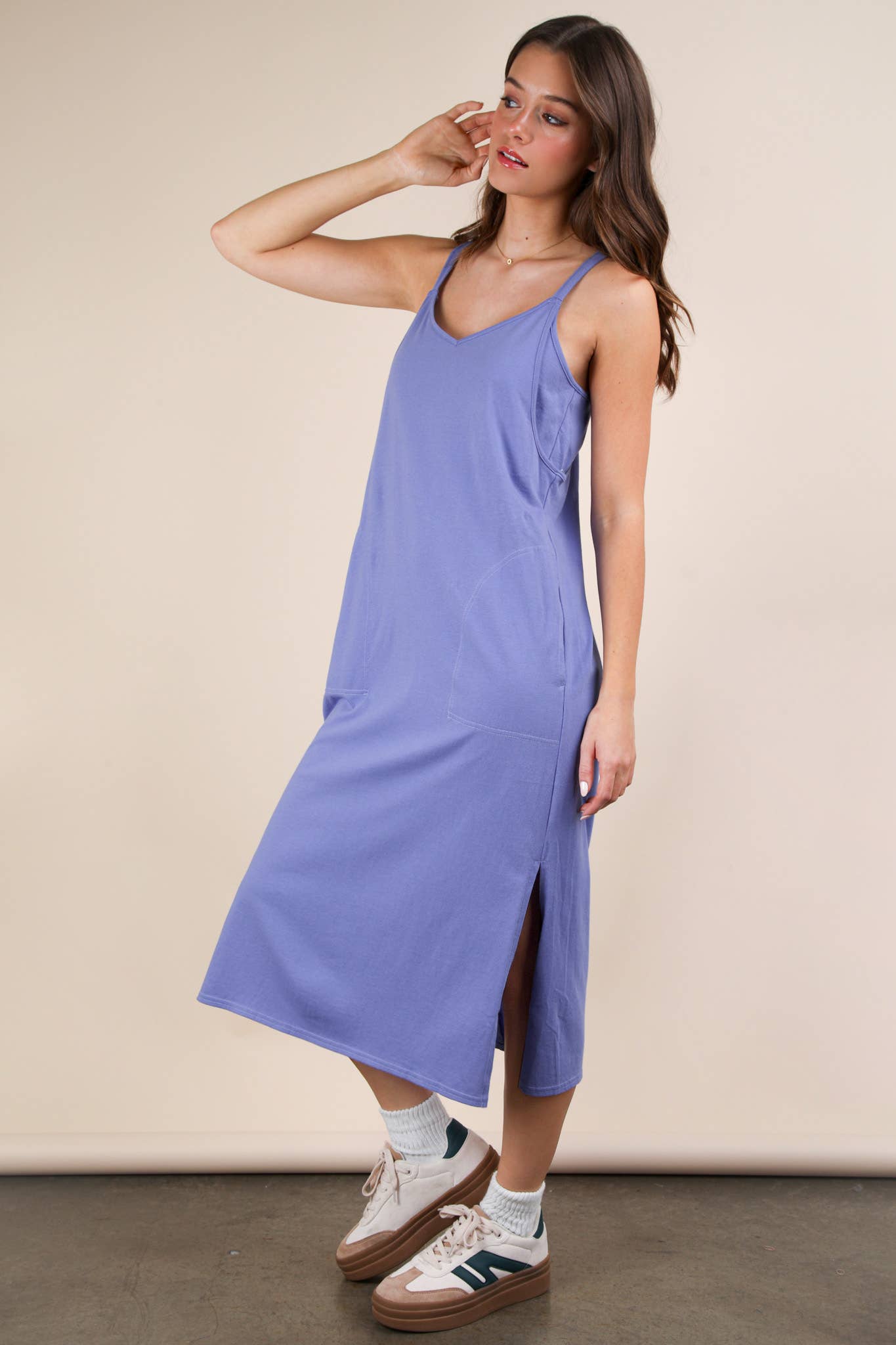 ND31605-V-Neck Sleeveless Casual Comfy Midi Dress - Buttercup Lynne Boutique