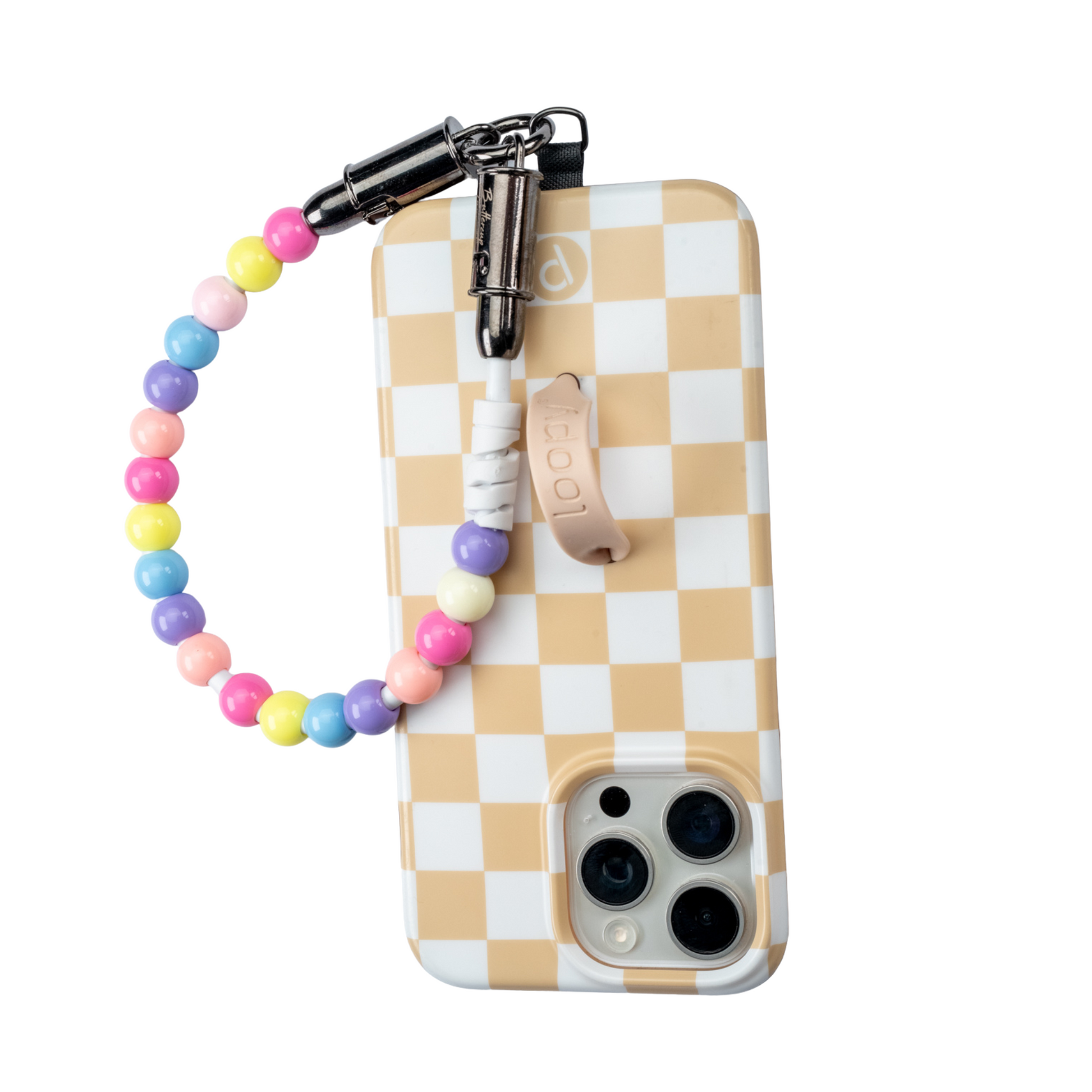 Phone case with checkered pattern and colorful beaded strap on a white background