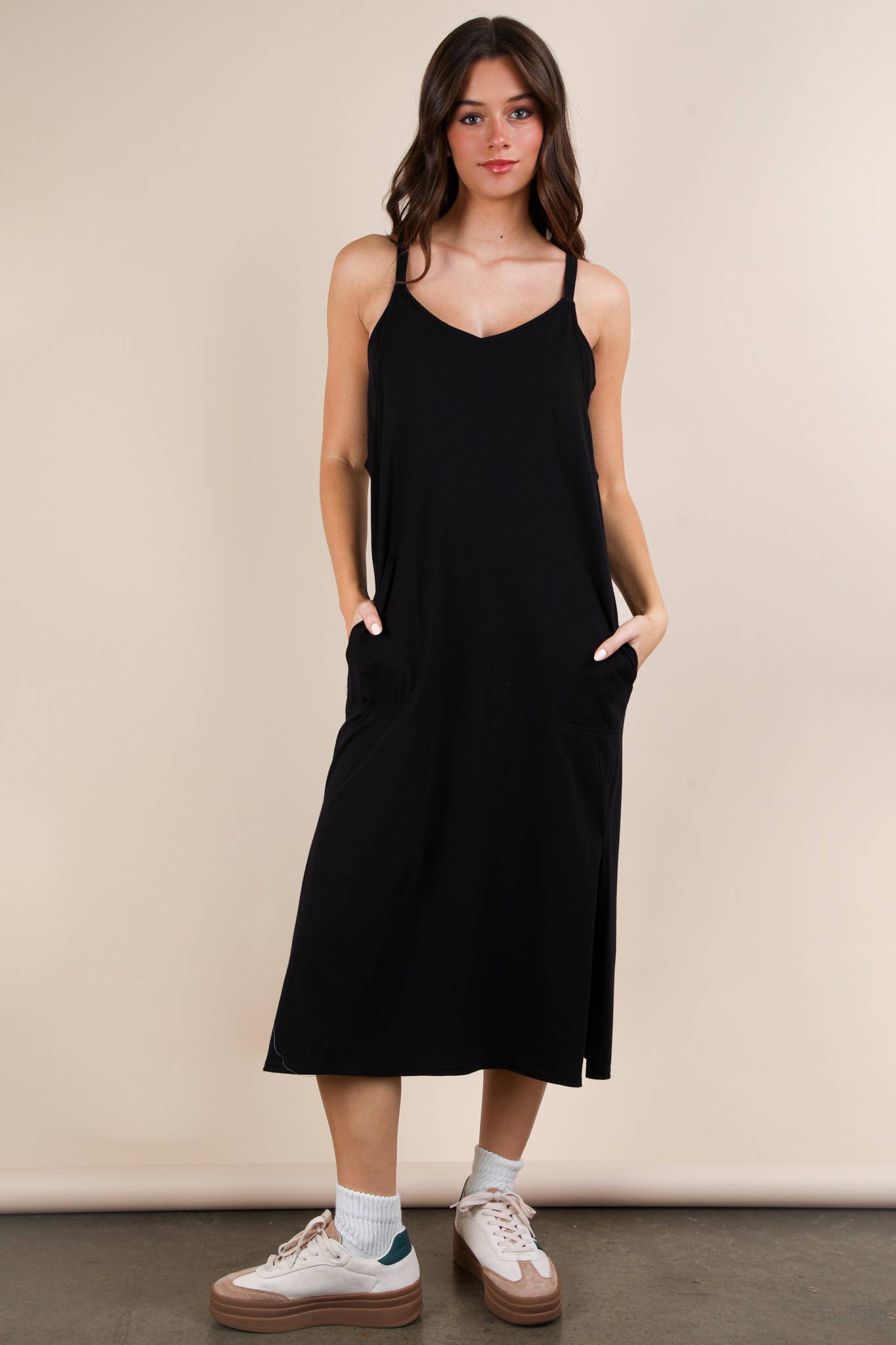 ND31605-V-Neck Sleeveless Casual Comfy Midi Dress - Buttercup Lynne Boutique