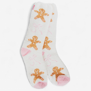 World's Softest Socks Holiday Cookie fuzzy socks with gingerbread man pattern on white