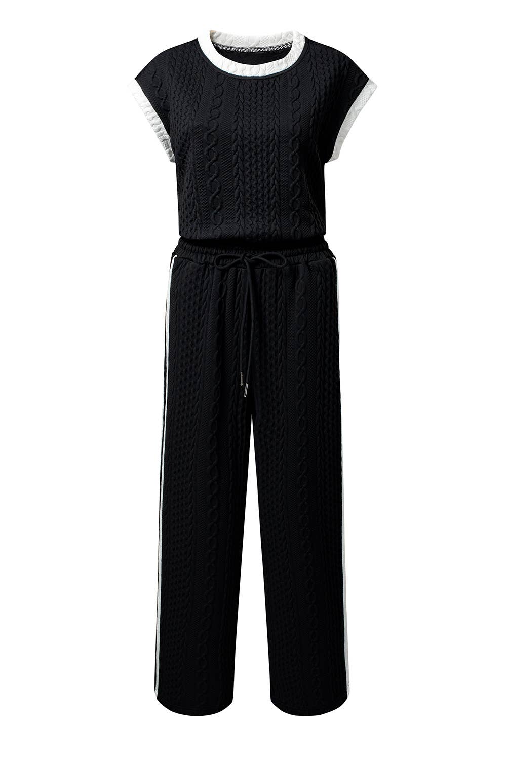 Cable Knit Contrast Trim Short Sleeve Top and Pants Set - Buttercup Lynne Boutique
