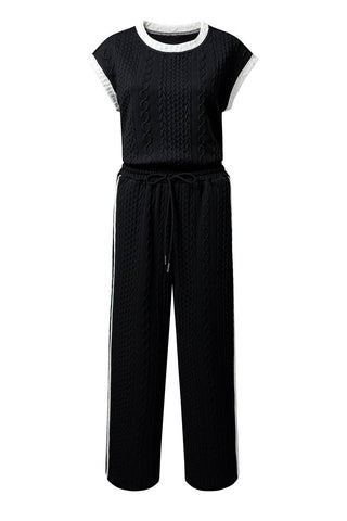 Cable Knit Contrast Trim Short Sleeve Top and Pants Set - Buttercup Lynne Boutique