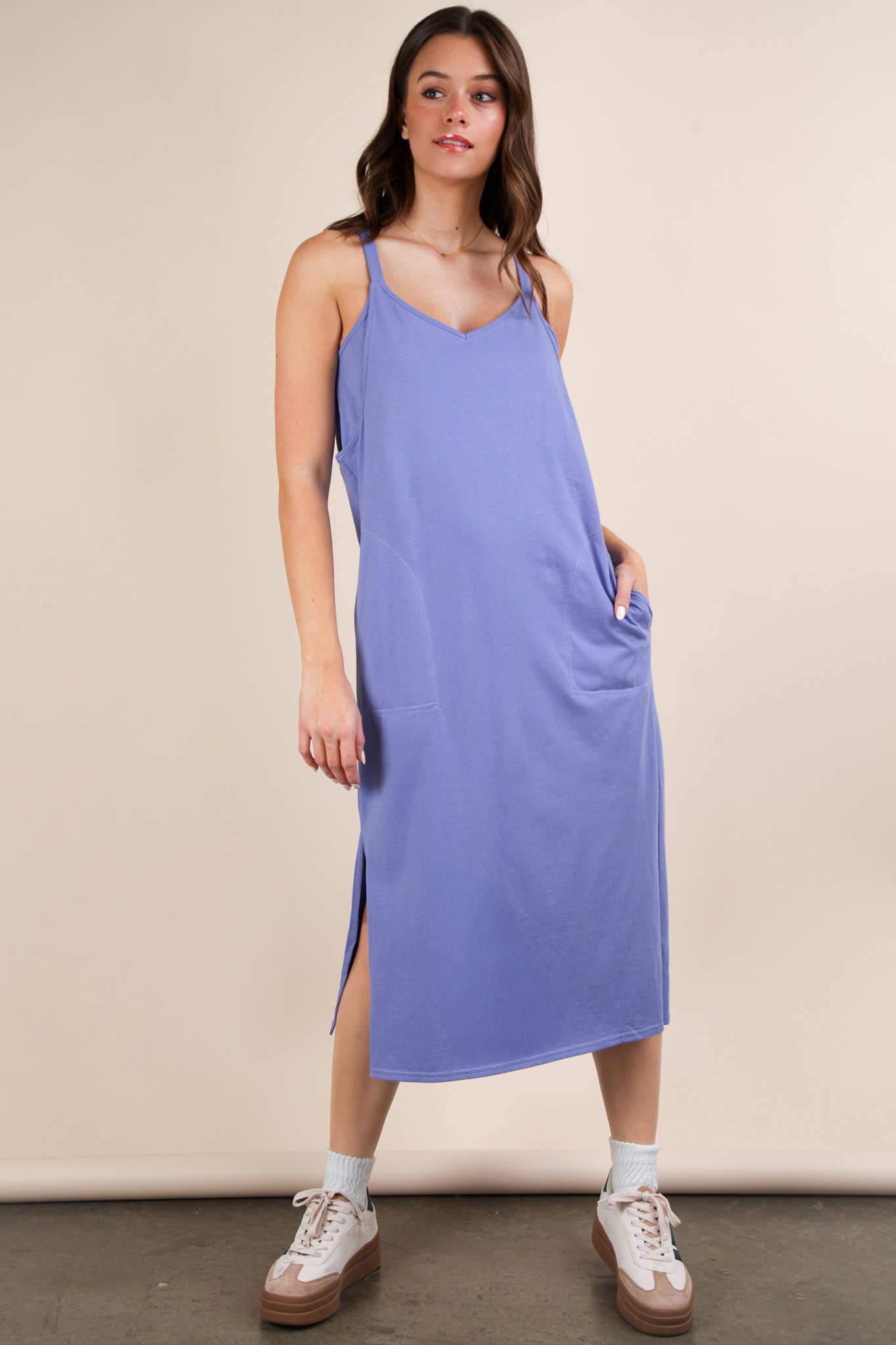 ND31605-V-Neck Sleeveless Casual Comfy Midi Dress - Buttercup Lynne Boutique