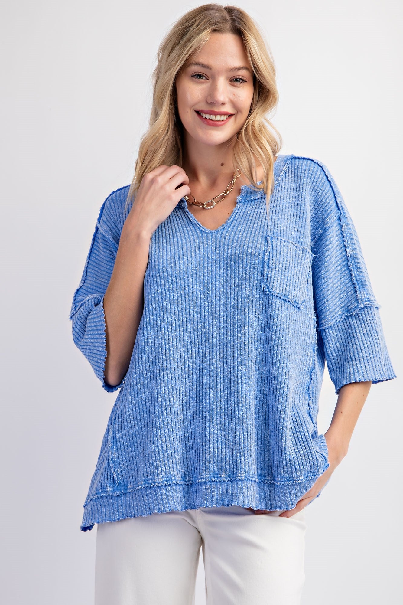 Short Sleeve Mineral Washed Thermal Knit Top -  Peri Blue