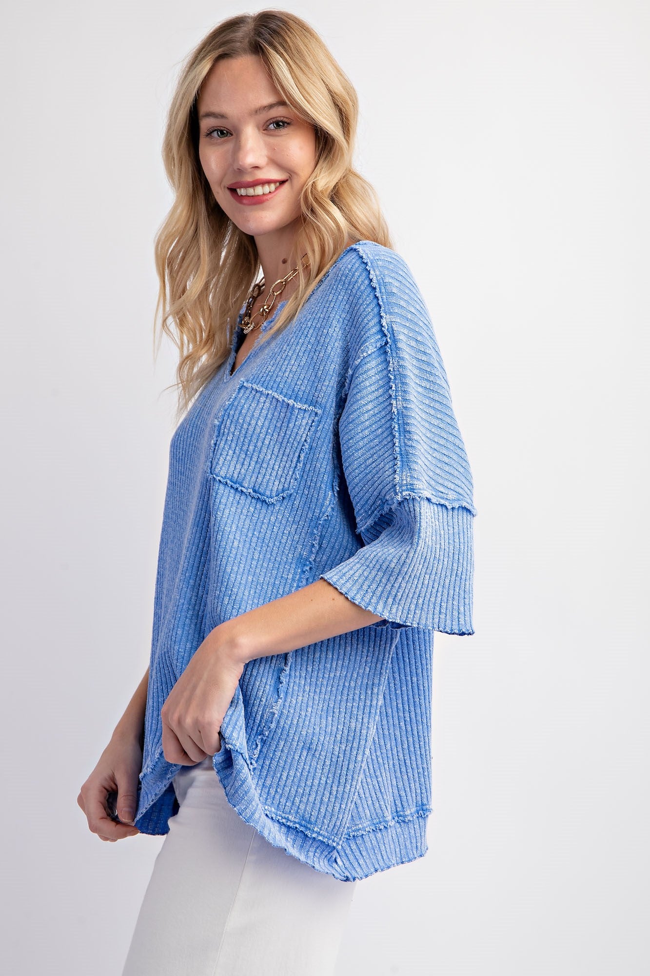 Short Sleeve Mineral Washed Thermal Knit Top -  Peri Blue