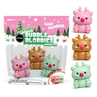 Three squishy baby reindeer squish toys in pink, brown, and mint green with red noses