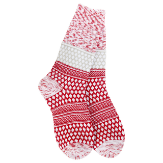 Red and white Fair Isle knit crew socks with textured holiday pattern