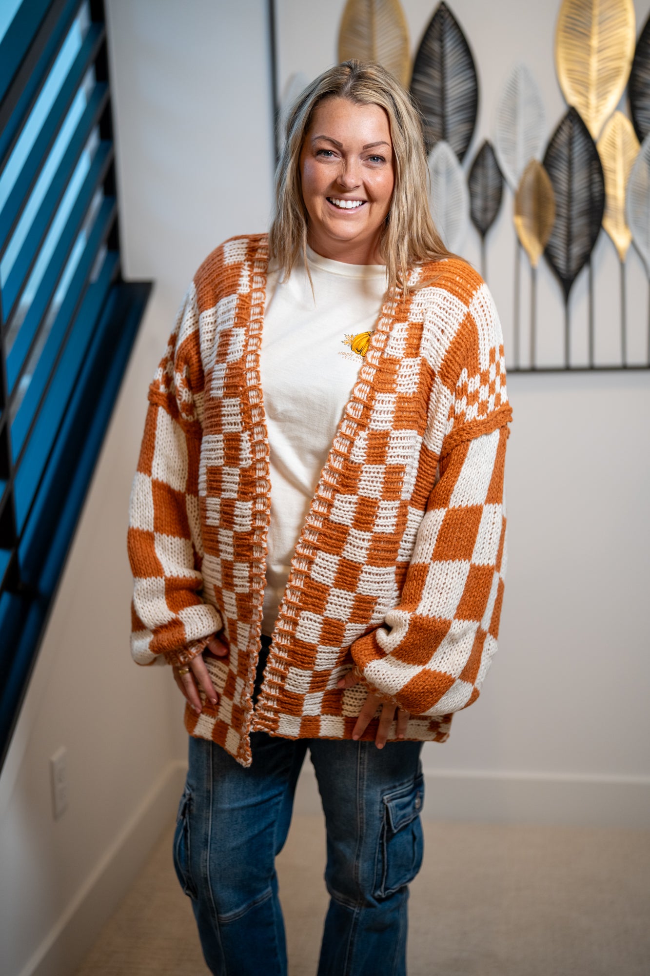 BiBi Checkmate Chunky Cardigan — Rust & Cream - Buttercup Lynne Boutique