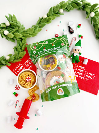 Elf Breakfast KidDough Play Kit in green bag with elf figure, dough tools, and candy accents