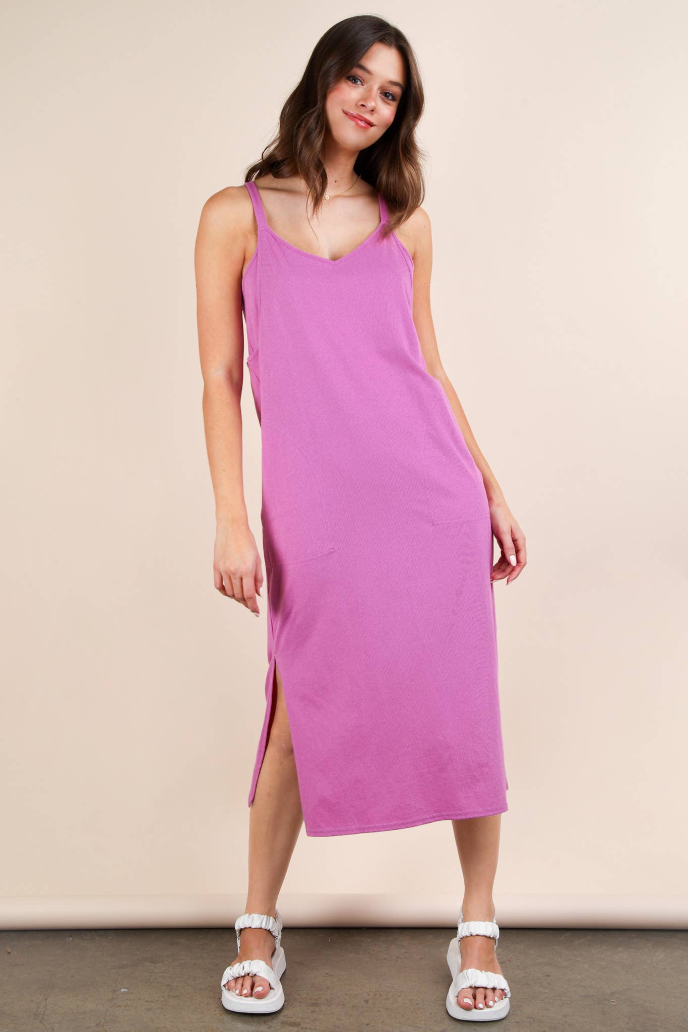 ND31605-V-Neck Sleeveless Casual Comfy Midi Dress - Buttercup Lynne Boutique