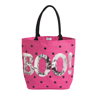 Mud Pie pink Halloween tote bag with silver sequin BOO! lettering and black polka dots