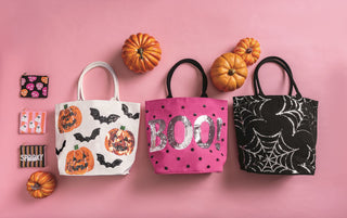 Mudpie Halloween sparkle totes in white, pink, and black with sequin pumpkin, BOO, and spiderweb designs