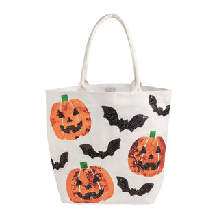 Mudpie white canvas tote bag with sequined orange jack-o-lanterns and black bats