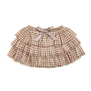 Brown white gingham tiered tulle tutu skirt with satin bow waistband for kids