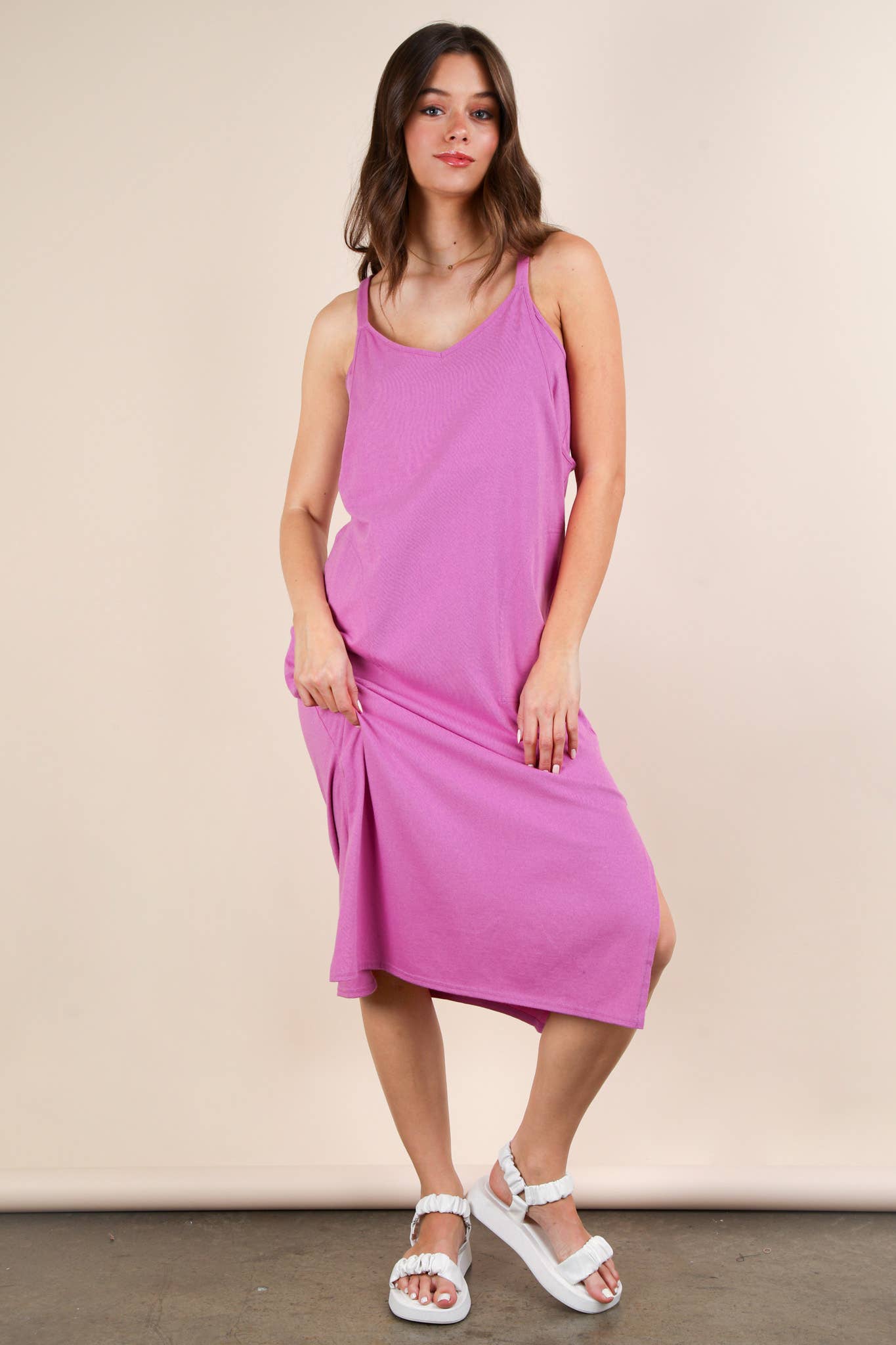 ND31605-V-Neck Sleeveless Casual Comfy Midi Dress - Buttercup Lynne Boutique