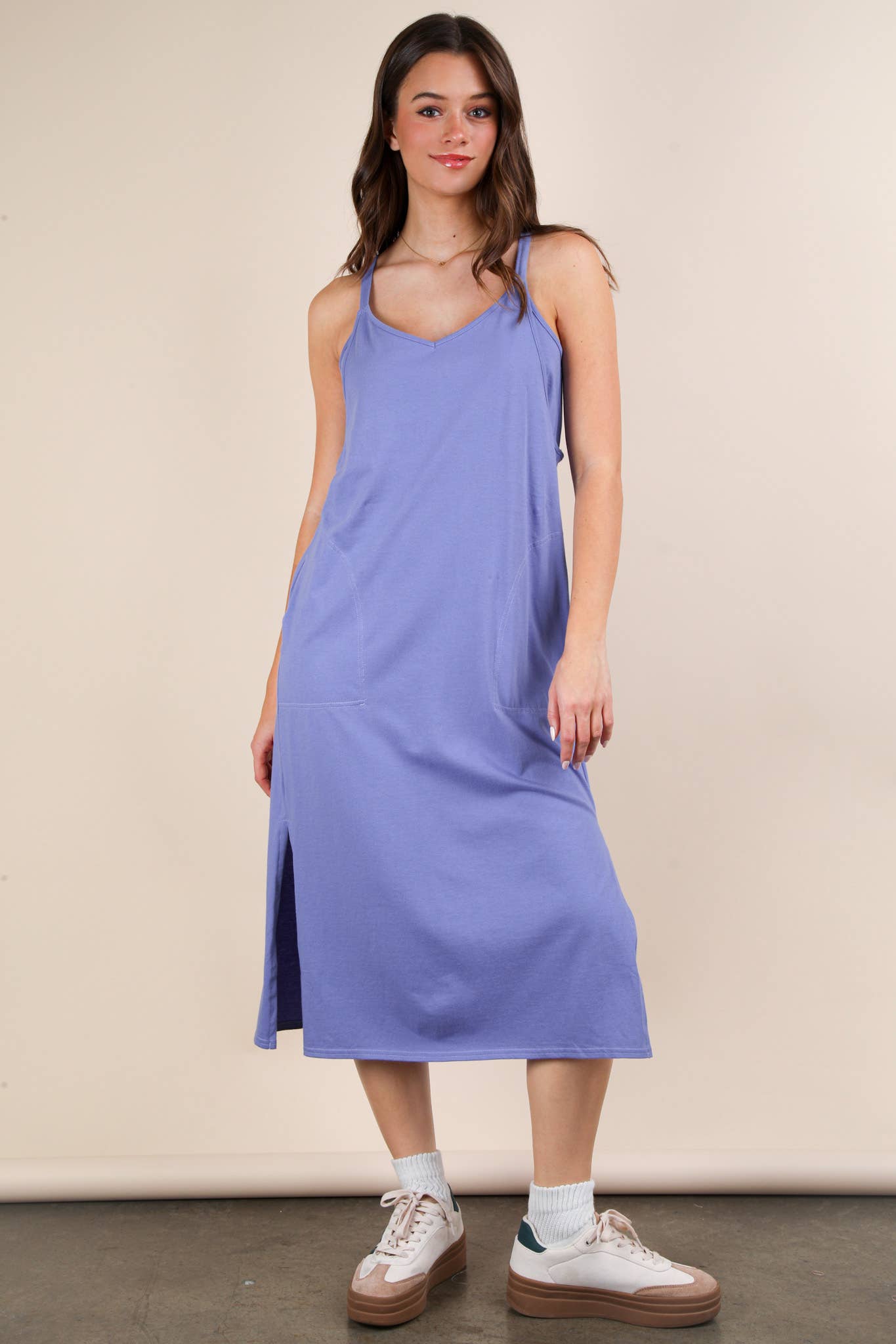 ND31605-V-Neck Sleeveless Casual Comfy Midi Dress - Buttercup Lynne Boutique