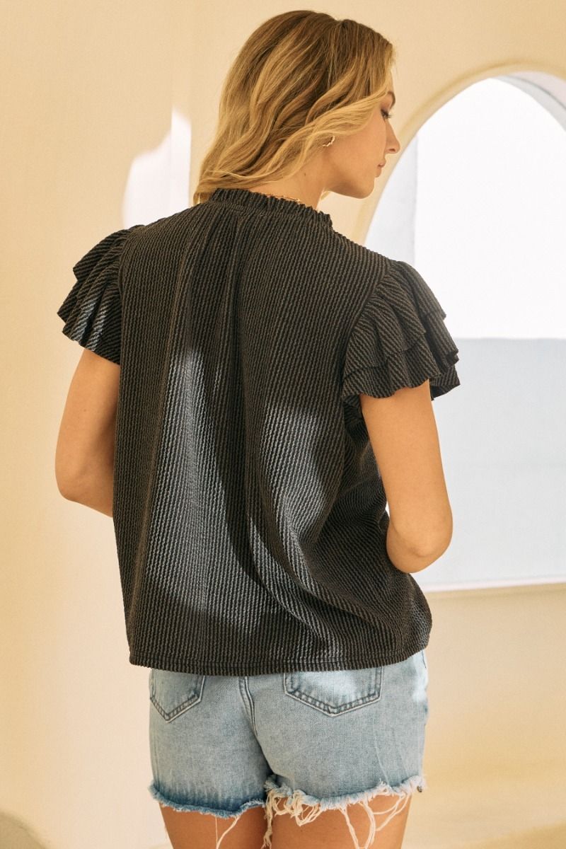 Charcoal Knit Top with Ruffle Short Sleeves and Neck