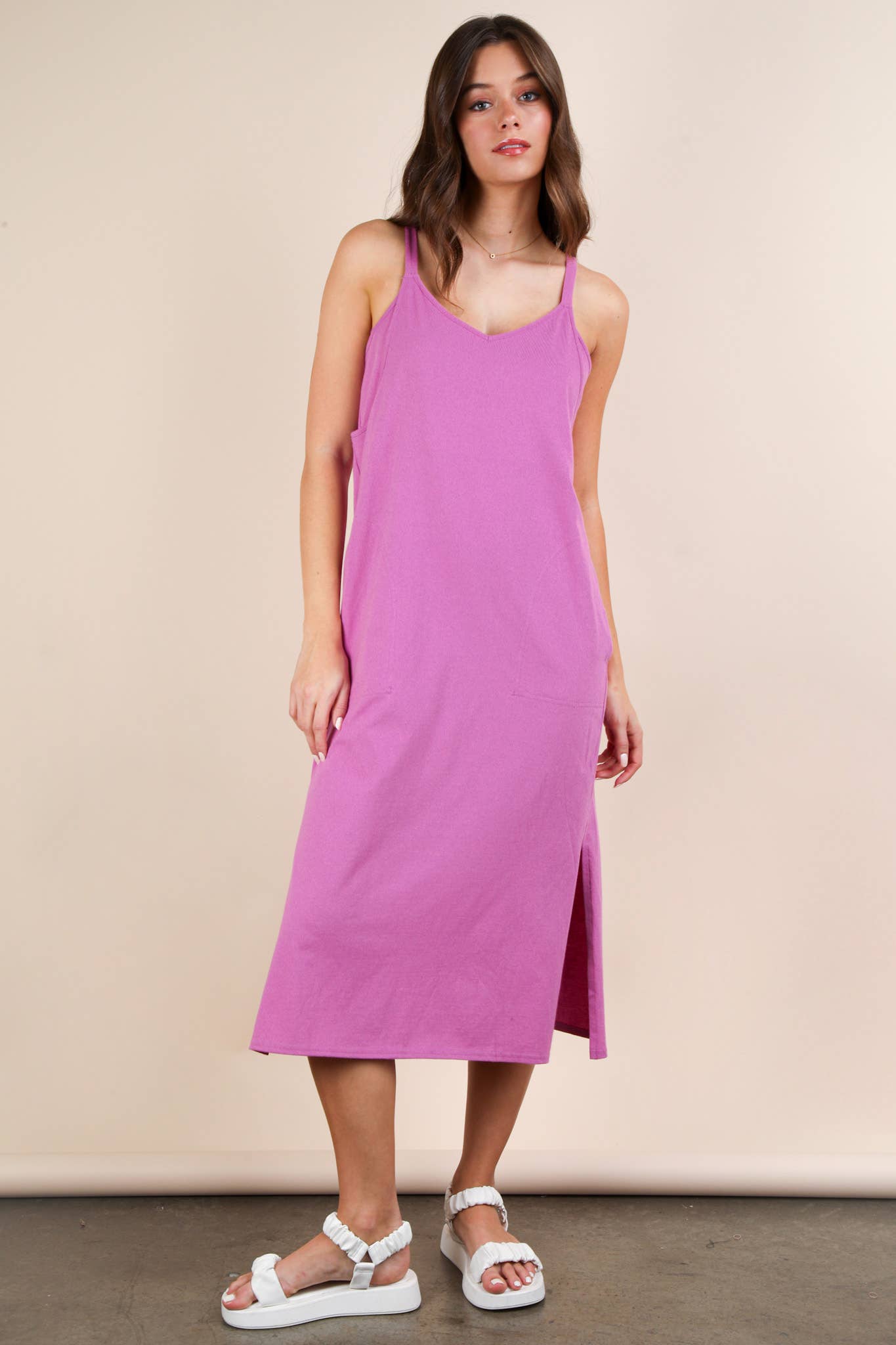 ND31605-V-Neck Sleeveless Casual Comfy Midi Dress - Buttercup Lynne Boutique