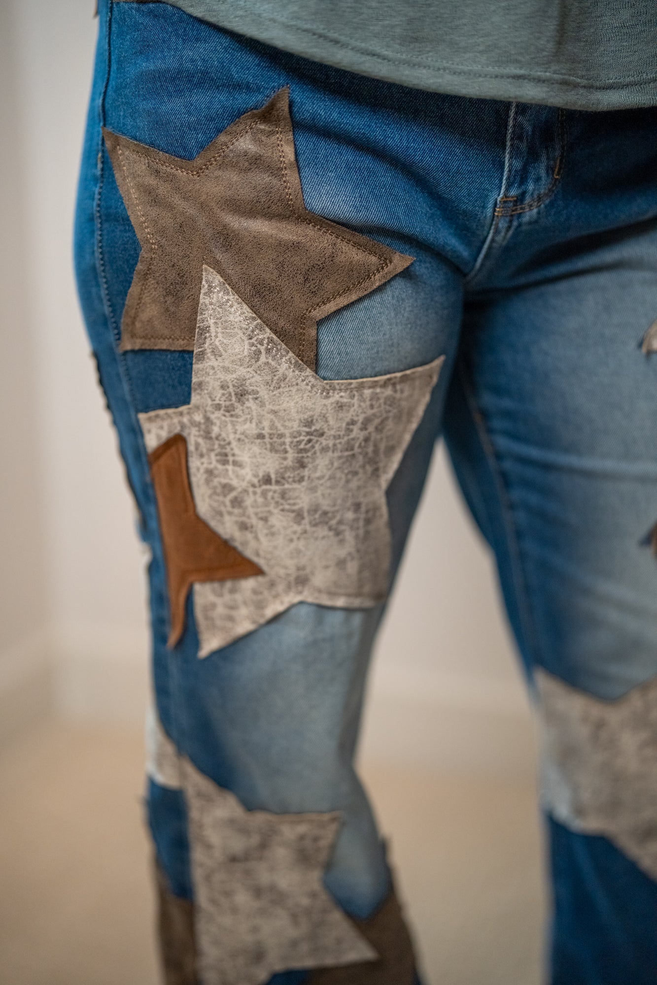 Oli & Hali Washed Leather Star Patched Jeans - Buttercup Lynne Boutique