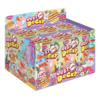 Box of Just Ducky toy collectibles with colorful design and cartoon ducks.