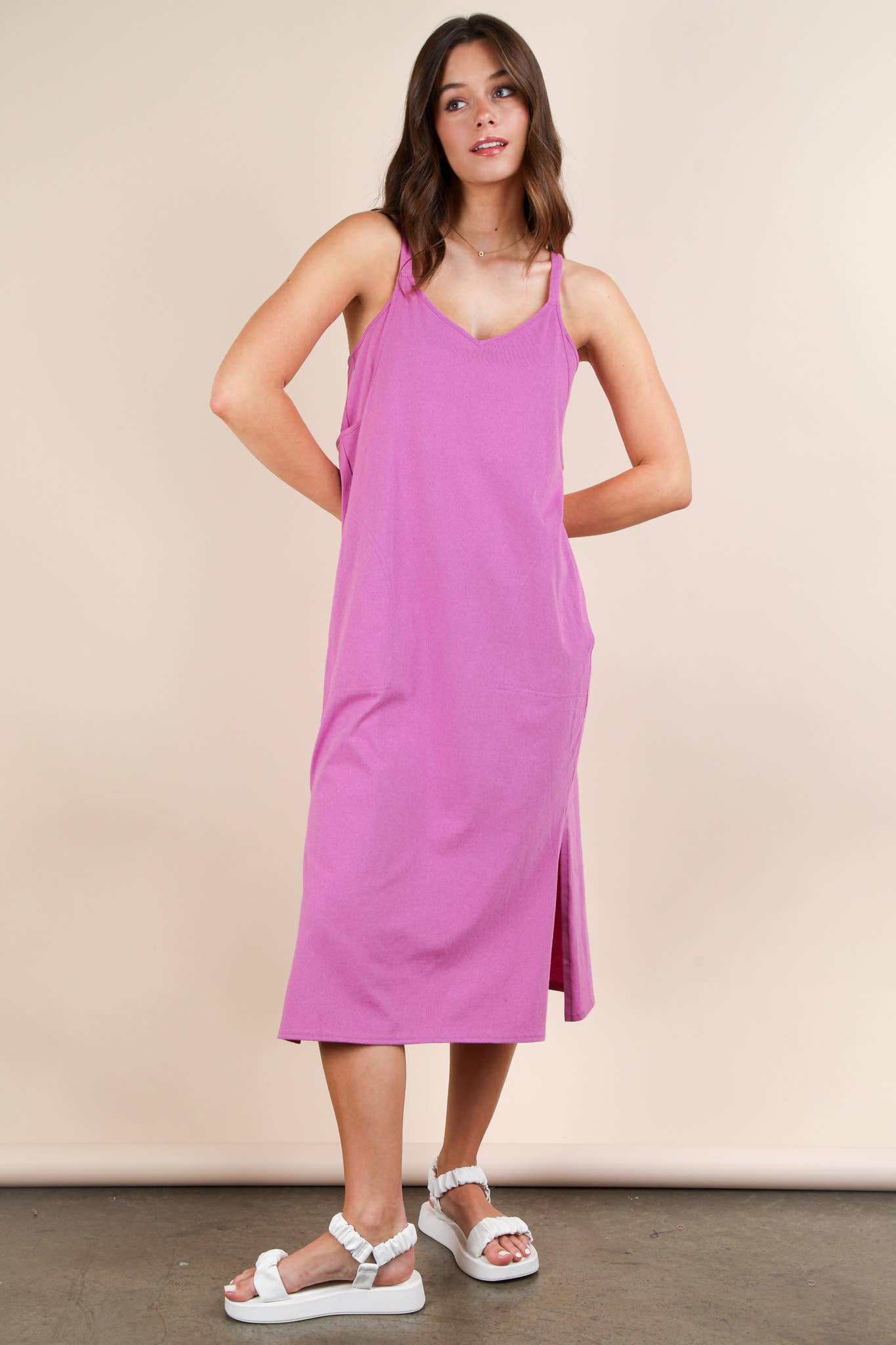 ND31605-V-Neck Sleeveless Casual Comfy Midi Dress - Buttercup Lynne Boutique