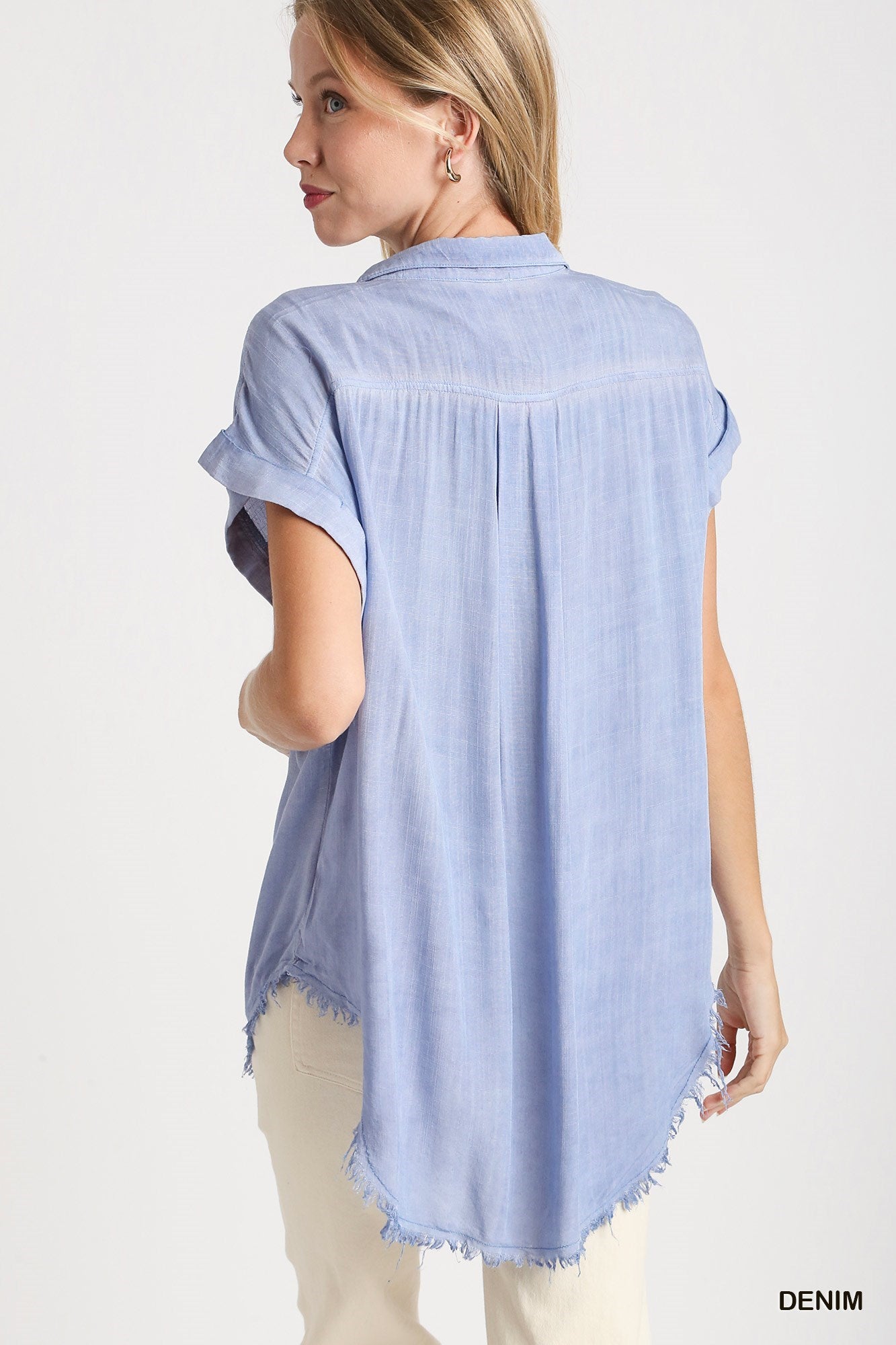 V-Neck Button Down Top with Frayed Hem - Denim