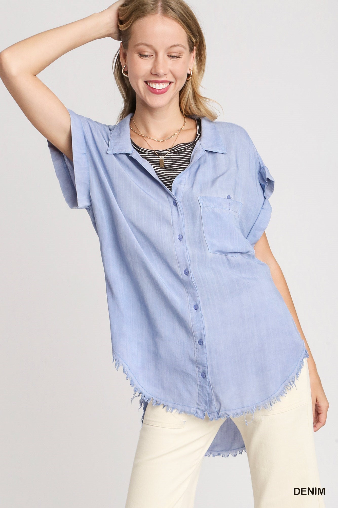 V-Neck Button Down Top with Frayed Hem - Denim